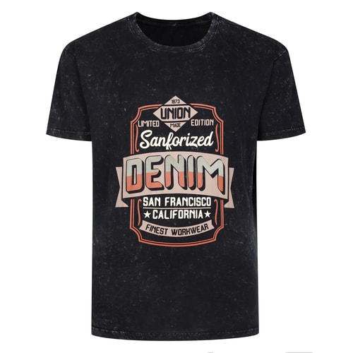 Black acid wash T-shirt with large front print, flat view.